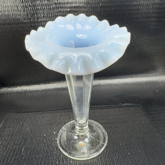 Antique Opalescent Glass Vase Vessel Clear White Ruffled Edges Glass Vase VTG - Picture 12 of 14